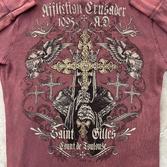 Affliction Graphic Tee Mens Large Thermal Shirt Long Sleeve Waffle Knights Cross - Picture 4 of 8